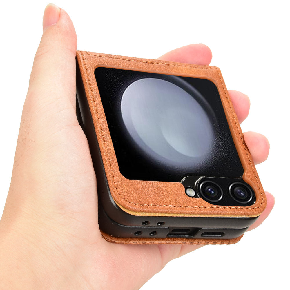 For Samsung Galaxy Z Flip6 5G Cover Retro Texture One-Piece Design PU Leather+PC Phone Case Shell with Card Slot - Brown For Samsung Galaxy Z Flip6 5G Cover Retro Texture One-Piece Design PU Leather+PC Phone Case Shell with Card Slot - Brown